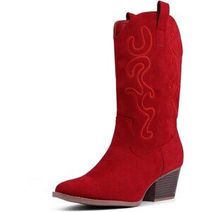 Women Red Suede Mid Calf Chunky Block Heel Western Embroidered Cowgirl Boot